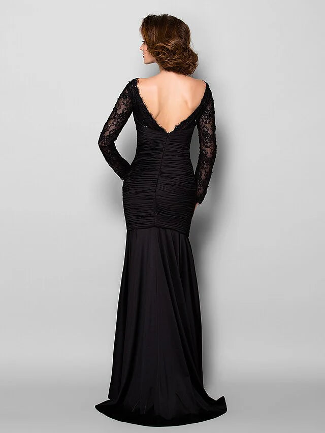 Wholesale Mother of the Bride Dress Beautiful Back Jewel Neck Lace Jersey Long Sleeve with Lace Ruched Beading